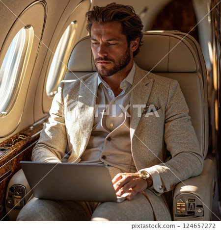 Businessman in luxury private jet cabin engaged in digital work and travel Businessman in luxury private jet cabin engaged in digital work and travel 124657272