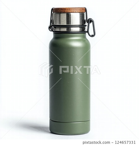 Sleek olive green water bottle with bamboo lid for eco-friendly hydration and trendy outdoor adventures 124657331