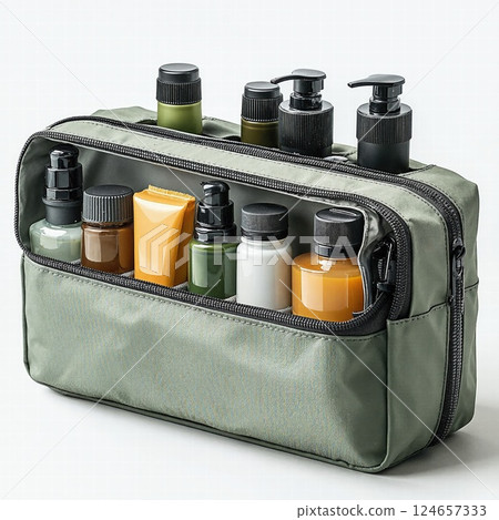 Sleek travel toiletry kit with assorted bottles and pumps for organized packing 124657333