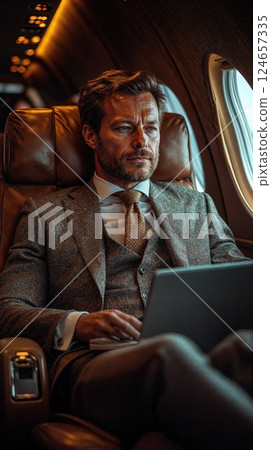 Sophisticated business traveler working on laptop in luxurious private jet cabin Sophisticated business traveler working on laptop in luxurious private jet cabin 124657335