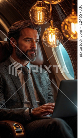 Sophisticated business traveler working on laptop in luxurious private jet cabin Sophisticated business traveler working on laptop in luxurious private jet cabin 124657336