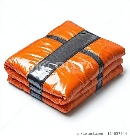 Vibrant orange quilted blanket with glossy black straps for modern home decor and outdoor camping 124657344