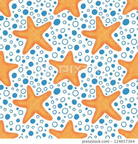 Orange Star fish seamless pattern on white background with dots. Cartoon illustration 124657364