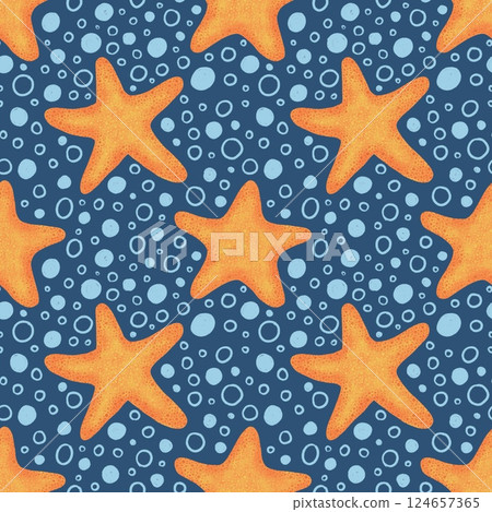 Orange Star fish seamless pattern on blue background with dots. Cartoon illustration Orange Star fish seamless pattern on blue background with dots. Cartoon illustration 124657365