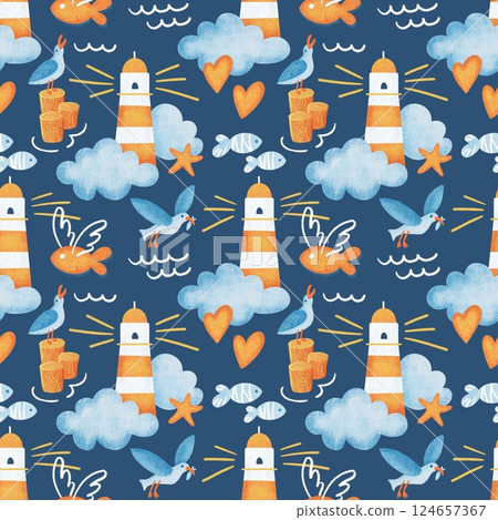 Seamless pattern with lighthouses, cute cartoon seagulls and clouds on the blue background 124657367