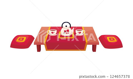 Japanese tea ceremony vector flat illustration, cups and teapot with Sakura blossom decorations on table, red pillows Japanese tea ceremony vector flat illustration, cups and teapot with Sakura blossom decorations on table, red pillows 124657378
