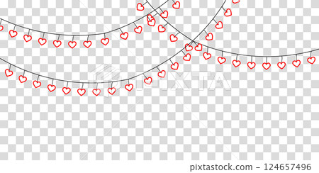 Hanging heart garland with red paper hearts on a string. 124657496