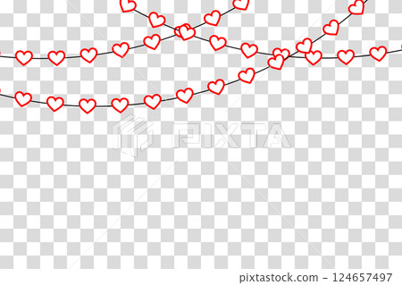 Hanging heart garland with red paper hearts on a string. 124657497