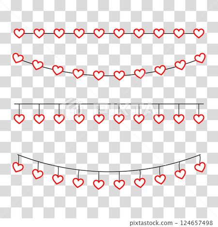 Hanging heart garland with red paper hearts on a string 124657498