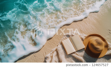 A book, straw hat, and blanket on the beach with waves crashing in the background. A book, straw hat, and blanket on the beach with waves crashing in the background. 124657527