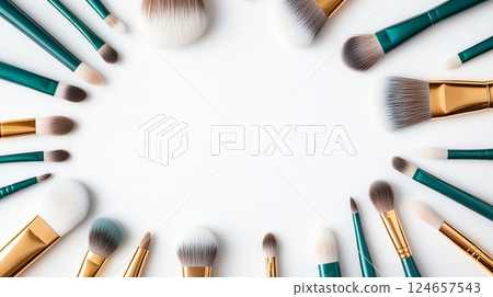 Cosmetic brushes frame, placed in random order, on a white background.	 124657543