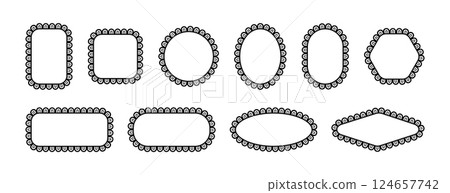 Lace frames with scallop. Border edge with pattern. Ornaments of different geometric shapes. Set of vector elements isolated on white background. 124657742