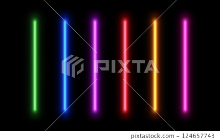 Neon led line light. Glow laser stripe. Electric beam divider. Set of stick lamps for game design isolated on black background. Neon led line light. Glow laser stripe. Electric beam divider. Set of stick lamps for game design isolated on black background. 124657743