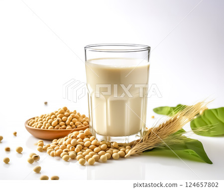 玻璃杯中的豆漿和大豆圖像材料 124657802