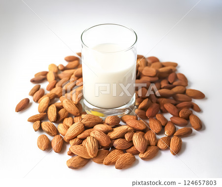 Image of almond milk in a glass and almonds 124657803