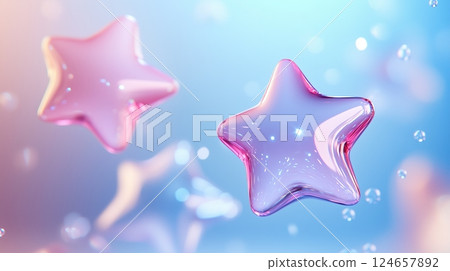 A transparent glass stars floating in the air, on a light blue background.  124657892
