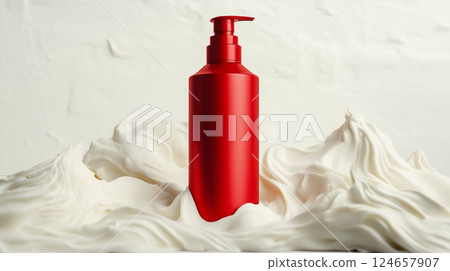 A red matte metal cylinder body wash bottle with whip cream around the base of the product. 124657907