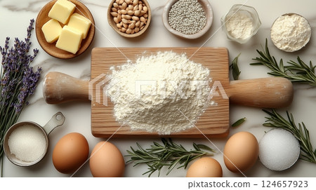 Assorted baking ingredients and fresh herbs arranged on a light marble countertop.  124657923