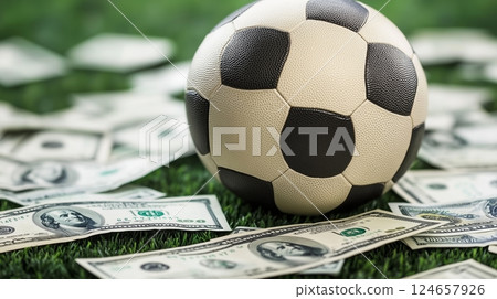 A soccer ball with money surrounding it. A soccer ball with money surrounding it. 124657926