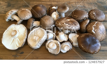 Assorted fresh mushrooms laid out on a wooden table. Assorted fresh mushrooms laid out on a wooden table. 124657927