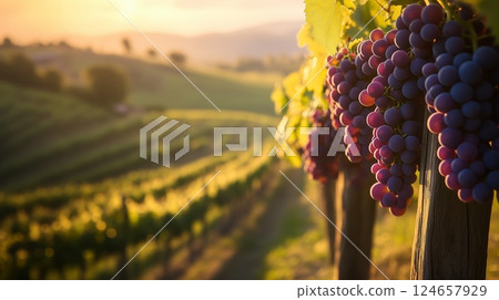 Vineyard at golden hour, heavy clusters of purple grapes hanging between wooden posts. 124657929