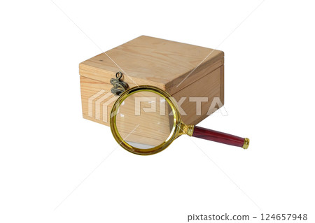 Magnifying Glass With Custom Timber Box on white background. Magnifying Glass With Custom Timber Box on white background. 124657948