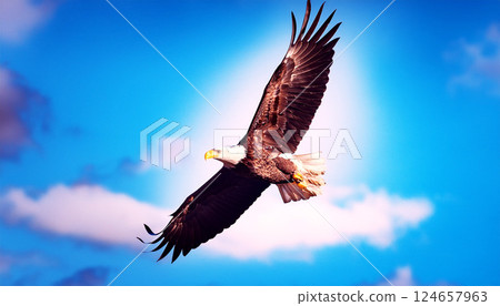 Powerful bird of prey in flight, wings spread wide, Majestic bald eagle soaring through the sky, Perfect for wildlife, a bald eagle against a blue sky with white clouds 124657963