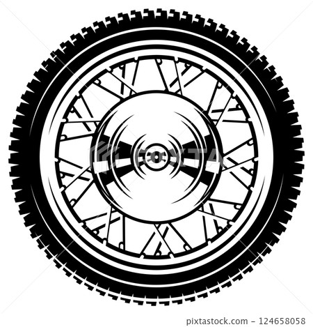 Detailed Black and White Illustration of a Motorcycle Wheel with Intricate Spoke Design 124658058