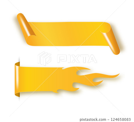 Golden satin ribbon tag. Gold textile label for sale promotion text. Discount and special offer badge. Vector 124658083