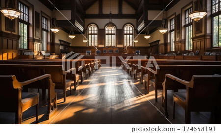 Vintage Courtroom: Wooden Tables, Chairs, and Stained Glass Windows 124658191