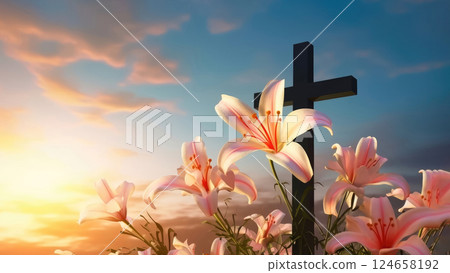 Heavenly Scene: Wooden Cross and White Lilies Against Blue Sky 124658192