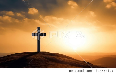 Majestic Landscape: Wooden Cross on Mountain Summit Majestic Landscape: Wooden Cross on Mountain Summit 124658195