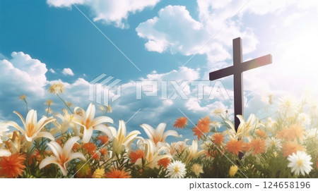 Spiritual Reassurance: Wooden Cross and White Lilies in Heavenly Setting Spiritual Reassurance: Wooden Cross and White Lilies in Heavenly Setting 124658196