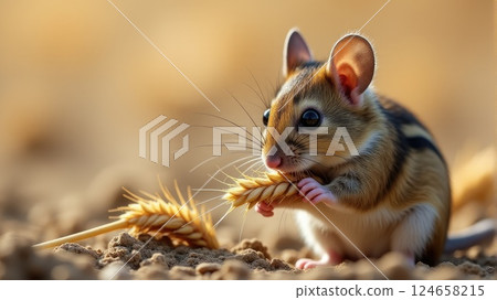 Wild Field Mouse or Djungarian hamster Eating Wheat in a Rural Setting 124658215