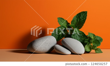 Gray rocks, with mint leaves and green plants next to them, against an orange wall.  124658257