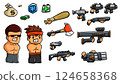 Cartoon Game Asset Pack - Characters, Weapons, Money, Health & Shield Icons 124658368