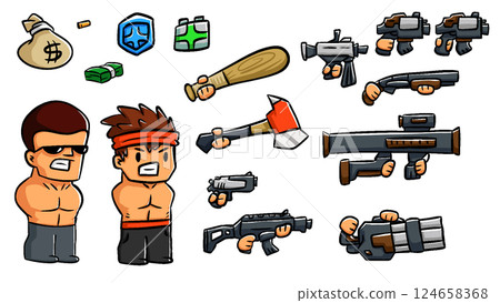 Cartoon Game Asset Pack - Characters, Weapons, Money, Health & Shield Icons Cartoon Game Asset Pack - Characters, Weapons, Money, Health & Shield Icons 124658368