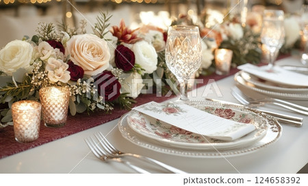 Elegant Wedding Table Setting with Blush Pink and Burgundy Floral Centerpiece 124658392