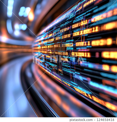 Abstract Digital Data Stream in a Curved Metallic Tunnel 124658418