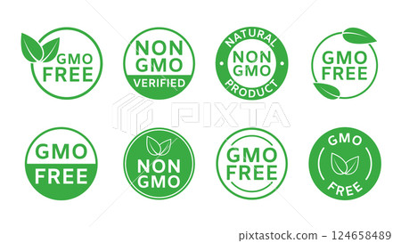 GMO free icons. Non GMO labels. Healthy food concept. Organic cosmetic. No GMO design elements for tags, product package. Ecology, vegan, bio. Beauty product. Sustainable life. Vector illustration 124658489