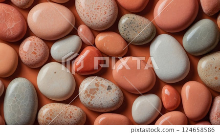 Colorful Assorted Smooth Pebbles Arranged on a Vibrant Orange Background Colorful Assorted Smooth Pebbles Arranged on a Vibrant Orange Background 124658586