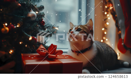 聖誕樹旁的貓咪和禮物盒 聖誕樹旁的貓咪和禮物盒 124658613
