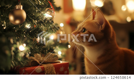 聖誕樹旁的貓咪和禮物盒 聖誕樹旁的貓咪和禮物盒 124658614