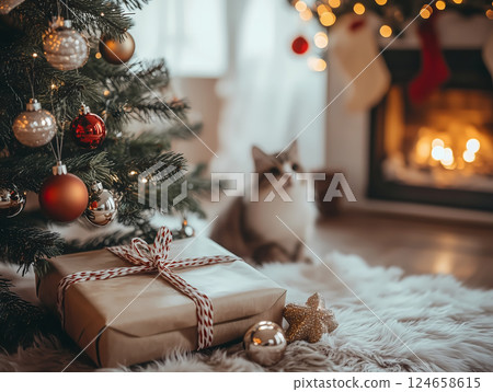 聖誕樹旁的貓咪和禮物盒 聖誕樹旁的貓咪和禮物盒 124658615