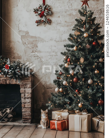 聖誕樹旁的貓咪和禮物盒 聖誕樹旁的貓咪和禮物盒 124658616