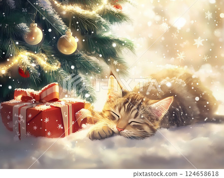 聖誕樹旁的貓咪和禮物盒 聖誕樹旁的貓咪和禮物盒 124658618