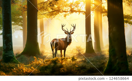 deer in the wild, a deer in a magical forest with golden light filtering through the trees, a deer surrounded by trees and golden light, capturing the beauty and tranquility of the forest 124658664