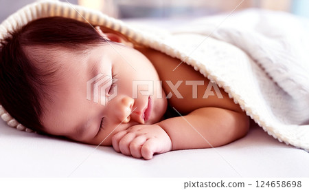 Peaceful newborn baby sleeping on a soft bed. The infant is dressed in a white outfit, resting with a relaxed expression, baby sleeping, warmth, innocence, and tranquility 124658698