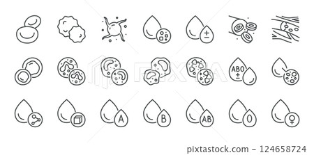 Blood Analysis Icons Set. Thin Linear Symbols of Blood Types, Cells, Glucose, Platelets, Test Drops, Sample Flow, Female Marker and Circulatory Components 124658724