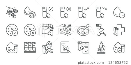 Complete Blood Count Icons Set. Linear Vector Illustrations of CBC Cells, Red and White Blood Elements, Microscopy, Samples, Results, Glucose, Lab and Testing Vials 124658732